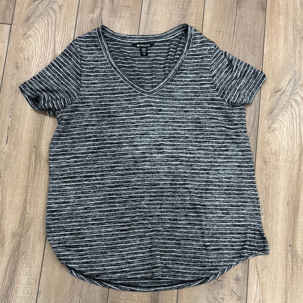 Athleta Charcoal and Black Striped V-Neck Tee